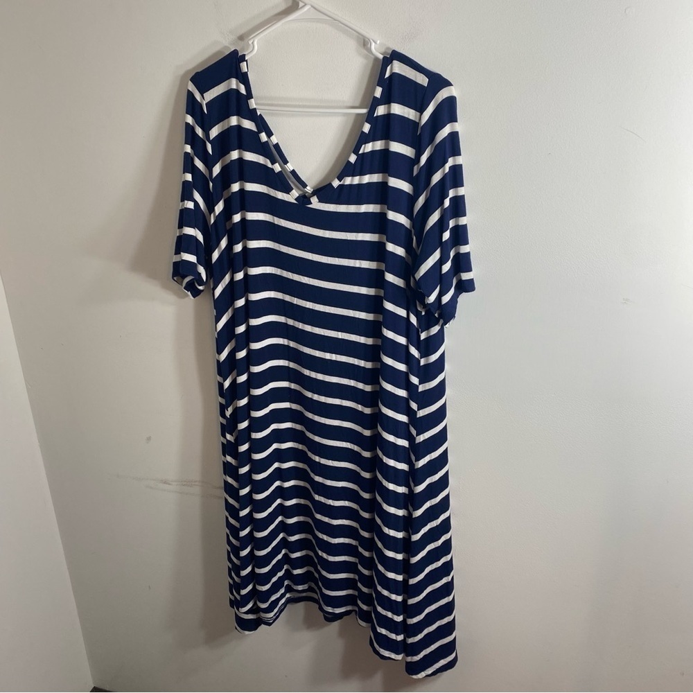 Lane Bryant Navy and White Striped Dress 18/20 Criss Cross Back Short Sleeve
